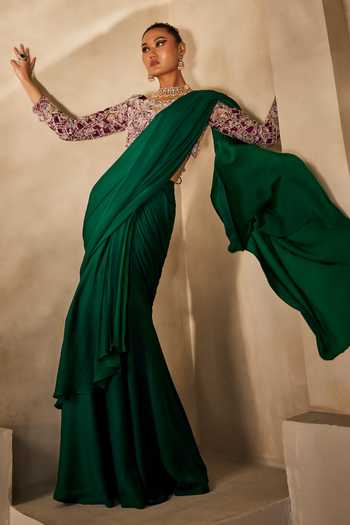 Anu Pellakuru Emerald Green Silk, Satin, Chiffon Rooh Pre-draped Saree With Embroidered Blouse Online at Aza Fashions Anu Pellakuru_Emerald Green Silk, Satin, Chiffon Rooh Pre-draped Saree With Embroidered Blouse _Online_at_Aza_Fashions