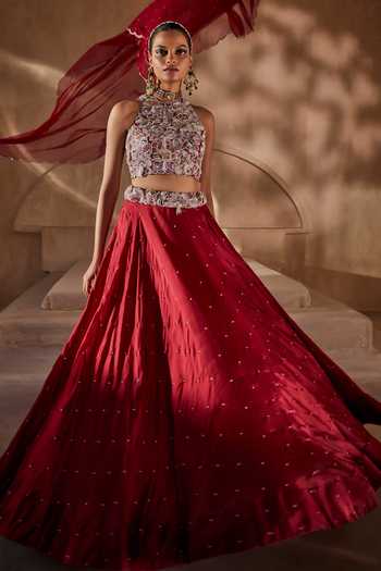 Buy_Anu Pellakuru_Red Silk Organza, Net Halter Neck Aangan Embroidered Blouse Lehenga Set _Online_at_Aza_Fashions