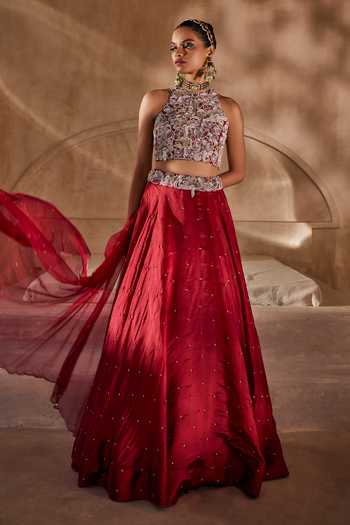 Buy_Anu Pellakuru_Red Silk Organza, Net Halter Neck Aangan Embroidered Blouse Lehenga Set 