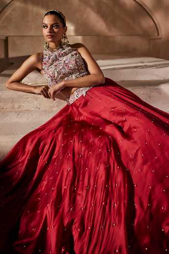 Shop_Anu Pellakuru_Red Silk Organza, Net Halter Neck Aangan Embroidered Blouse Lehenga Set 