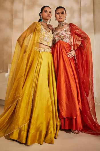 Buy_Anu Pellakuru_Orange , , Chiffon, Kesari Embroidered Anarkali Set _Online_at_Aza_Fashions