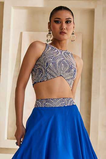 Buy Anu Pellakuru Blue Silk, Georgette High Neck Sitara Embroidered Blouse And Layered Lehenga Set Online at Aza Fashions Buy_Anu Pellakuru_Blue Silk, Georgette High Neck Sitara Embroidered Blouse And Layered Lehenga Set _Online_at_Aza_Fashions