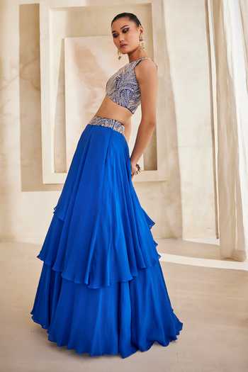 Shop Anu Pellakuru Blue Silk, Georgette High Neck Sitara Embroidered Blouse And Layered Lehenga Set Online at Aza Fashions Shop_Anu Pellakuru_Blue Silk, Georgette High Neck Sitara Embroidered Blouse And Layered Lehenga Set _Online_at_Aza_Fashions