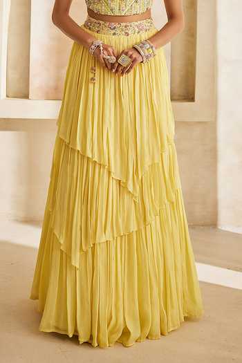 Buy Anu Pellakuru Yellow Silk, Chiffon Beads V-neck Kanak Embroidered Corset And Layered Lehenga Set Online at Aza Fashions Buy_Anu Pellakuru_Yellow Silk, Chiffon Beads V-neck Kanak Embroidered Corset And Layered Lehenga Set _Online_at_Aza_Fashions