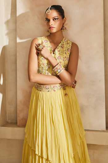 Shop Anu Pellakuru Yellow Silk, Chiffon Beads V-neck Kanak Embroidered Corset And Layered Lehenga Set Online at Aza Fashions Shop_Anu Pellakuru_Yellow Silk, Chiffon Beads V-neck Kanak Embroidered Corset And Layered Lehenga Set _Online_at_Aza_Fashions