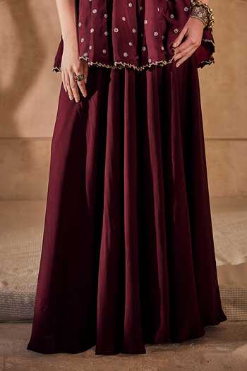 Anu Pellakuru Wine Silk, Satin, Chiffon V-neck Viraasat Embroidered Peplum Kurta And Palazzo Set Online at Aza Fashions Anu Pellakuru_Wine Silk, Satin, Chiffon V-neck Viraasat Embroidered Peplum Kurta And Palazzo Set _Online_at_Aza_Fashions