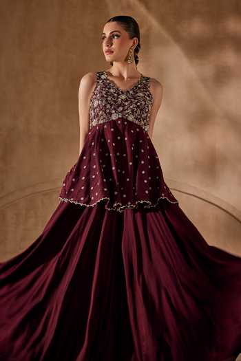 Buy Anu Pellakuru Wine Silk, Satin, Chiffon V-neck Viraasat Embroidered Peplum Kurta And Palazzo Set Online at Aza Fashions Buy_Anu Pellakuru_Wine Silk, Satin, Chiffon V-neck Viraasat Embroidered Peplum Kurta And Palazzo Set _Online_at_Aza_Fashions
