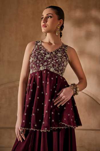 Shop Anu Pellakuru Wine Silk, Satin, Chiffon V-neck Viraasat Embroidered Peplum Kurta And Palazzo Set Online at Aza Fashions Shop_Anu Pellakuru_Wine Silk, Satin, Chiffon V-neck Viraasat Embroidered Peplum Kurta And Palazzo Set _Online_at_Aza_Fashions
