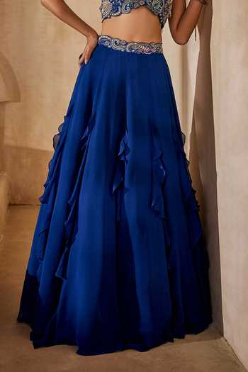 Anu Pellakuru_Blue Silk, Georgette Halter Neck Raaga Embroidered Blouse And Ruffled Lehenga Set _Online_at_Aza_Fashions