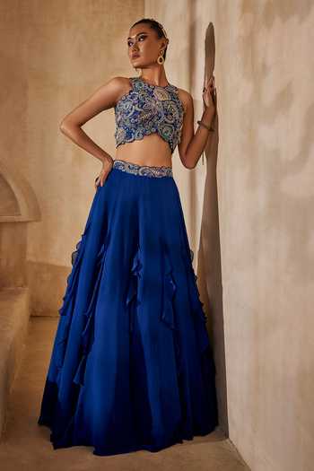 Buy_Anu Pellakuru_Blue Silk, Georgette Halter Neck Raaga Embroidered Blouse And Ruffled Lehenga Set _Online_at_Aza_Fashions
