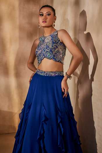 Shop_Anu Pellakuru_Blue Silk, Georgette Halter Neck Raaga Embroidered Blouse And Ruffled Lehenga Set _Online_at_Aza_Fashions