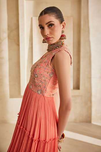 Anu Pellakuru_Peach Silk, Chiffon Embroidery V-neck Leher Hand Bodice Tiered Gown _Online_at_Aza_Fashions