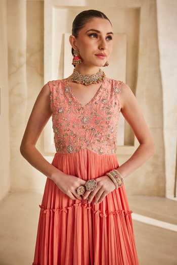 Buy_Anu Pellakuru_Peach Silk, Chiffon Embroidery V-neck Leher Hand Bodice Tiered Gown _Online_at_Aza_Fashions