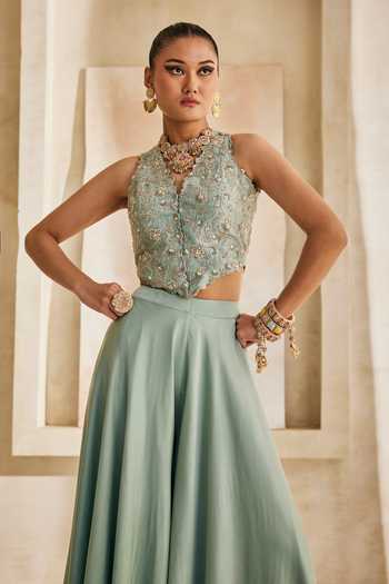 Buy Anu Pellakuru Blue Silk, Satin, Chiffon V-neck Saaz Embroidered Waistcoat And Palazzo Set Online at Aza Fashions Buy_Anu Pellakuru_Blue Silk, Satin, Chiffon V-neck Saaz Embroidered Waistcoat And Palazzo Set _Online_at_Aza_Fashions