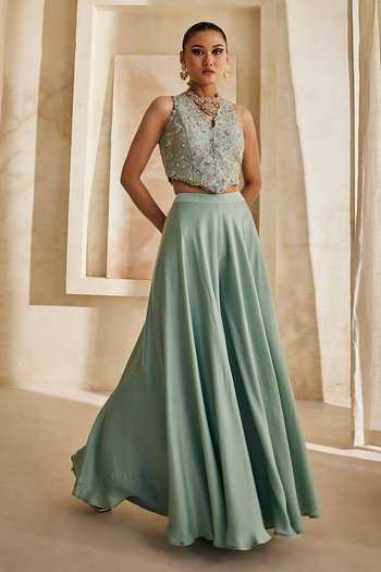 Shop Anu Pellakuru Blue Silk, Satin, Chiffon V-neck Saaz Embroidered Waistcoat And Palazzo Set Online at Aza Fashions Shop_Anu Pellakuru_Blue Silk, Satin, Chiffon V-neck Saaz Embroidered Waistcoat And Palazzo Set _Online_at_Aza_Fashions