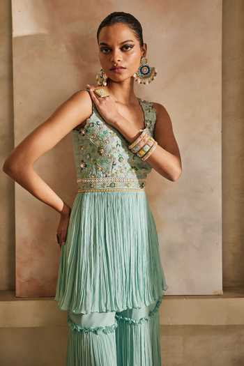 Anu Pellakuru_Blue Silk, Chiffon Scoop Neck Vaani Embroidered Peplum Kurta And Sharara Set _Online_at_Aza_Fashions