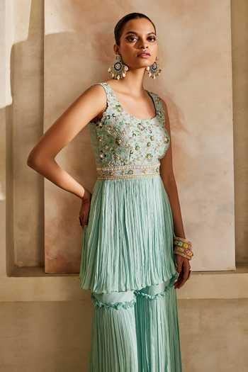 Shop_Anu Pellakuru_Blue Silk, Chiffon Scoop Neck Vaani Embroidered Peplum Kurta And Sharara Set _Online_at_Aza_Fashions