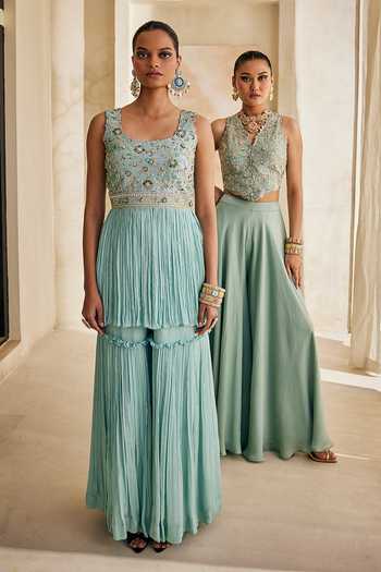 Anu Pellakuru_Blue Silk, Chiffon Scoop Neck Vaani Embroidered Peplum Kurta And Sharara Set _at_Aza_Fashions