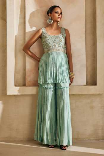 Buy_Anu Pellakuru_Blue Silk, Chiffon Scoop Neck Vaani Embroidered Peplum Kurta And Sharara Set 