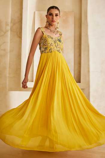 Anu Pellakuru_Yellow Silk, Georgette Embroidery Sweetheart Neck Noor Pleated Gown _Online_at_Aza_Fashions