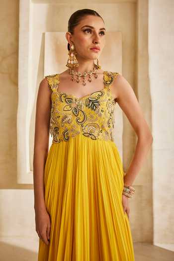 Buy_Anu Pellakuru_Yellow Silk, Georgette Embroidery Sweetheart Neck Noor Pleated Gown _Online_at_Aza_Fashions