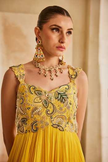 Shop_Anu Pellakuru_Yellow Silk, Georgette Embroidery Sweetheart Neck Noor Pleated Gown _Online_at_Aza_Fashions