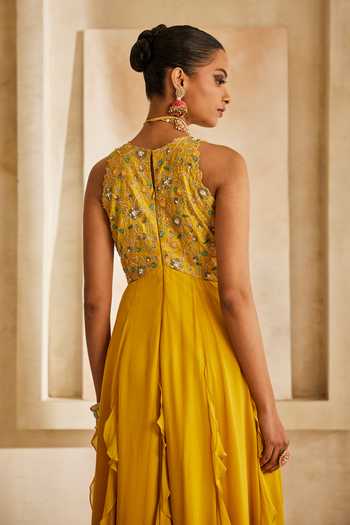 Anu Pellakuru_Mustard Silk, Georgette Embroidery, Sequins, Beads High Aarini Ruffled Gown _Online_at_Aza_Fashions