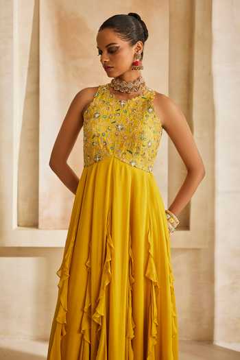 Buy_Anu Pellakuru_Mustard Silk, Georgette Embroidery, Sequins, Beads High Aarini Ruffled Gown _Online_at_Aza_Fashions