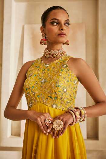 Shop_Anu Pellakuru_Mustard Silk, Georgette Embroidery, Sequins, Beads High Aarini Ruffled Gown _Online_at_Aza_Fashions