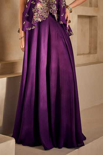 Anu Pellakuru_Purple Silk, Satin, Chiffon V-neck Varnika Embroidered Peplum Top And Palazzo Set _Online_at_Aza_Fashions