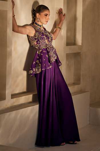 Buy_Anu Pellakuru_Purple Silk, Satin, Chiffon V-neck Varnika Embroidered Peplum Top And Palazzo Set _Online_at_Aza_Fashions