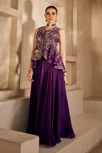 Shop_Anu Pellakuru_Purple Silk, Satin, Chiffon V-neck Varnika Embroidered Peplum Top And Palazzo Set _Online_at_Aza_Fashions