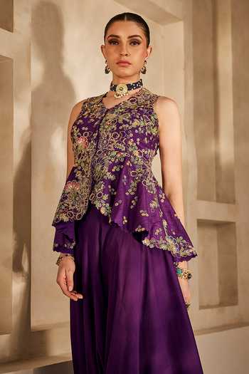 Anu Pellakuru_Purple Silk, Satin, Chiffon V-neck Varnika Embroidered Peplum Top And Palazzo Set _at_Aza_Fashions