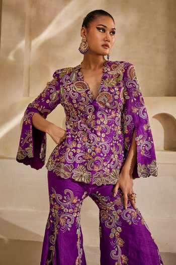Anu Pellakuru_Purple Silk V-neck Rajsi Embroidered Jacket And Gharara Set _Online_at_Aza_Fashions
