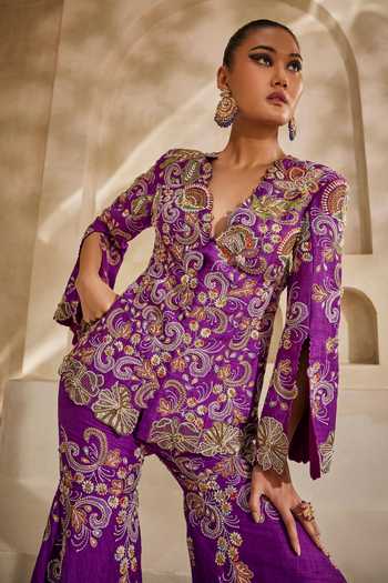 Buy_Anu Pellakuru_Purple Silk V-neck Rajsi Embroidered Jacket And Gharara Set _Online_at_Aza_Fashions