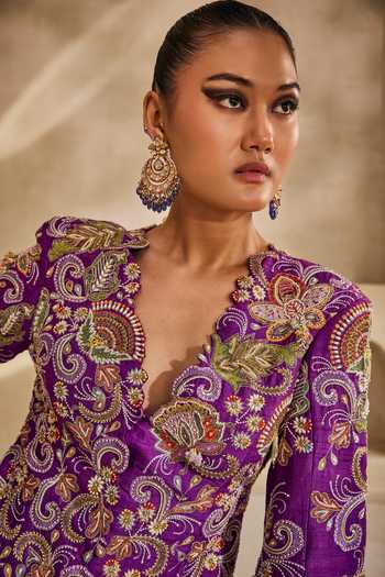 Shop_Anu Pellakuru_Purple Silk V-neck Rajsi Embroidered Jacket And Gharara Set _Online_at_Aza_Fashions