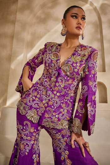 Anu Pellakuru_Purple Silk V-neck Rajsi Embroidered Jacket And Gharara Set _at_Aza_Fashions