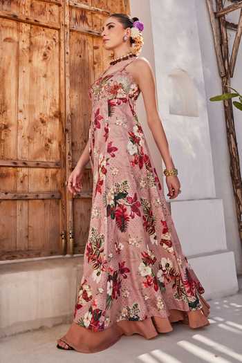 Anu Pellakuru_Pink Crepe, Chiffon Square Neck Saanjh Foral Print Slit Anarkali And Palazzo Set _Online_at_Aza_Fashions