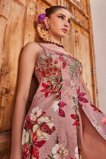 Buy_Anu Pellakuru_Pink Crepe, Chiffon Square Neck Saanjh Foral Print Slit Anarkali And Palazzo Set _Online_at_Aza_Fashions