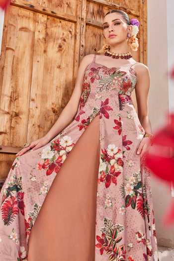 Shop_Anu Pellakuru_Pink Crepe, Chiffon Square Neck Saanjh Foral Print Slit Anarkali And Palazzo Set _Online_at_Aza_Fashions