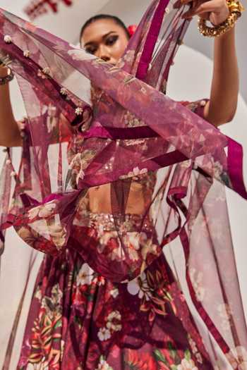 Anu Pellakuru_Wine Silk, Crepe, Net Square Neck Zehra Printed Lehenga Set With Cape _Online_at_Aza_Fashions