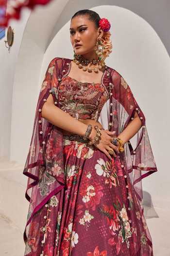 Buy_Anu Pellakuru_Wine Silk, Crepe, Net Square Neck Zehra Printed Lehenga Set With Cape _Online_at_Aza_Fashions