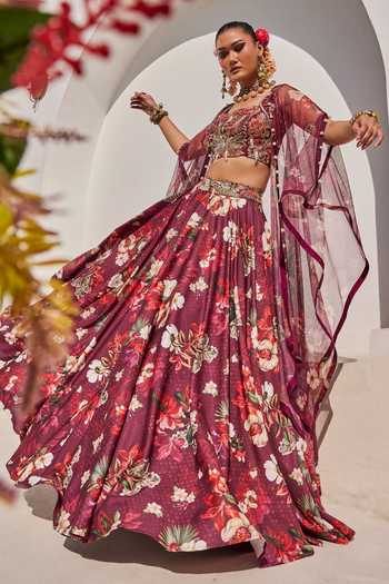 Shop_Anu Pellakuru_Wine Silk, Crepe, Net Square Neck Zehra Printed Lehenga Set With Cape _Online_at_Aza_Fashions