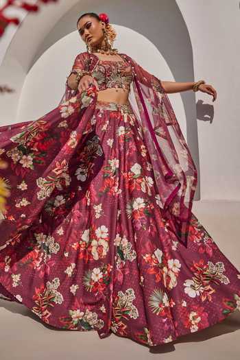 Anu Pellakuru_Wine Silk, Crepe, Net Square Neck Zehra Printed Lehenga Set With Cape _at_Aza_Fashions