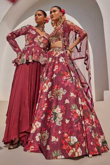 Buy_Anu Pellakuru_Wine Silk, Crepe, Net Square Neck Zehra Printed Lehenga Set With Cape 