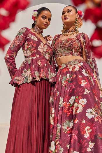 Shop_Anu Pellakuru_Wine Silk, Crepe, Net Square Neck Zehra Printed Lehenga Set With Cape 