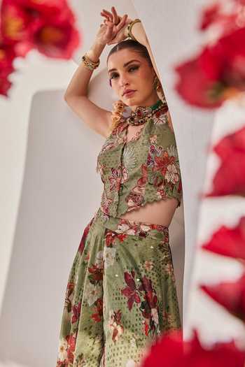 Anu Pellakuru_Green Crepe, Chiffon Mirrors V-neck Sufi Floral Print Waistcoat And Palazzo Set _Online_at_Aza_Fashions