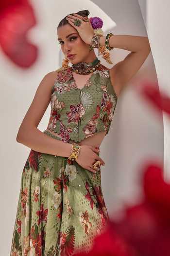Buy_Anu Pellakuru_Green Crepe, Chiffon Mirrors V-neck Sufi Floral Print Waistcoat And Palazzo Set _Online_at_Aza_Fashions