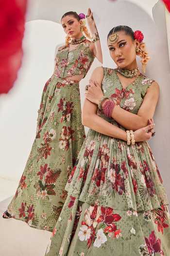 Shop_Anu Pellakuru_Green Crepe, Chiffon Mirrors V-neck Sufi Floral Print Waistcoat And Palazzo Set _Online_at_Aza_Fashions