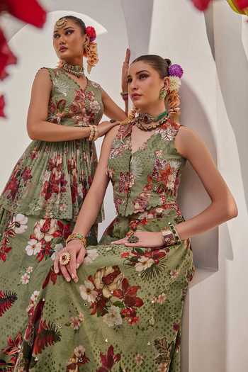 Anu Pellakuru_Green Crepe, Chiffon Mirrors V-neck Sufi Floral Print Waistcoat And Palazzo Set _at_Aza_Fashions